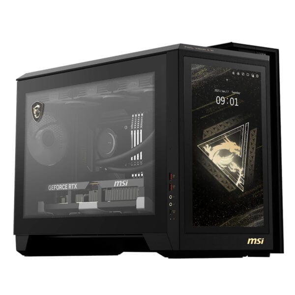 Yüksek performanslı MSI oyun bilgisayarı, şeffaf yan panel ve şık tasarım, güçlü ekran kartı ve hızlı işlemci ile gaming ve grafik tasarım için ideal, LED aydınlatmalı iç donanım detayları.