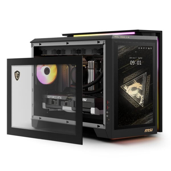Yüksek performanslı oyun bilgisayarı MSI, RTX ekran kartı ve RGB aydınlatmalı soğutma sistemiyle donatılmış, şık ve güçlü bir masaüstü oyun bilgisayarı.