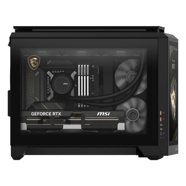 Yüksek performanslı GPU ve soğutmalı oyun bilgisayarı, MSI ekran kartı ve şık kasa tasarımıyla üstün oyun deneyimi sağlar. Siyah renkli iç donanımı ve RGB ışıklandırmasıyla öne çıkar.