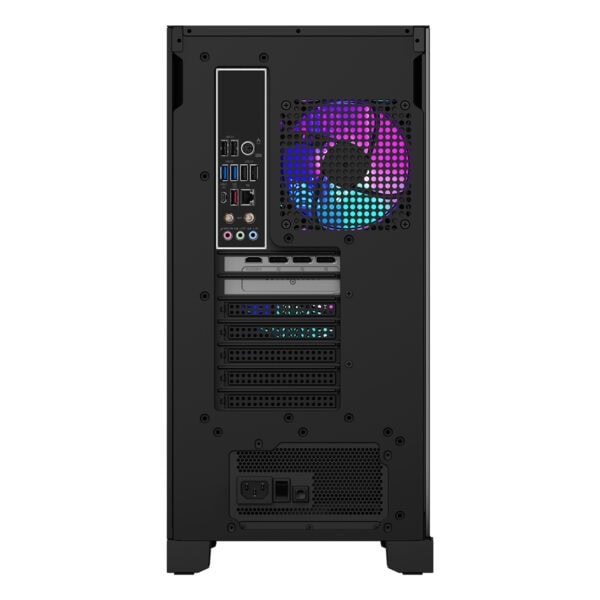 Gelişmiş oyun ve yüksek performans için tasarlanmış RGB aydınlatmalı oyun bilgisayarı kasası arka görünüm.