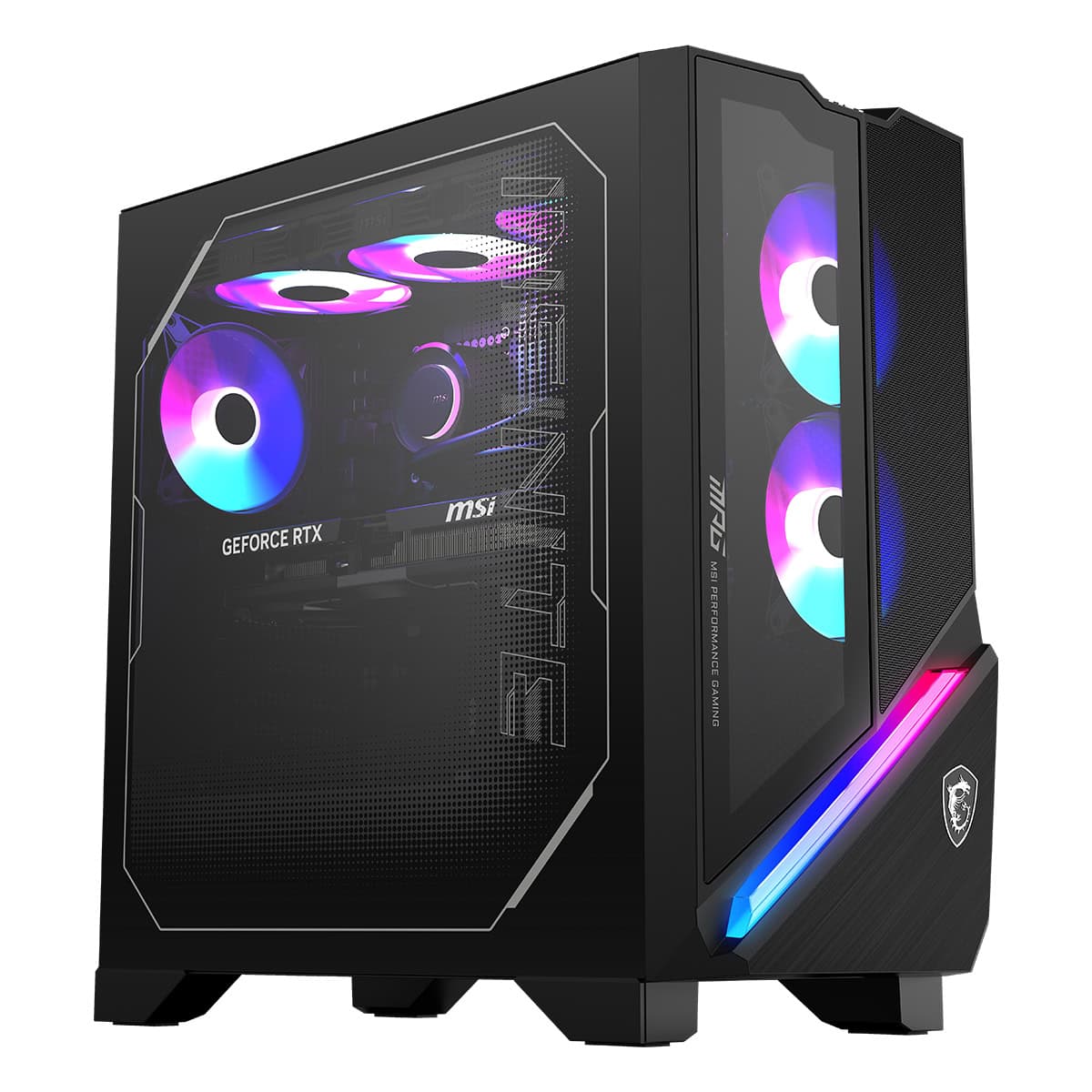 Yüksek performanslı gaming masaüstü bilgisayar, RGB aydınlatmalı ekran kartı ve soğutucularla donatılmış, modern ve şık tasarım, oyun tutkunları için ideal.