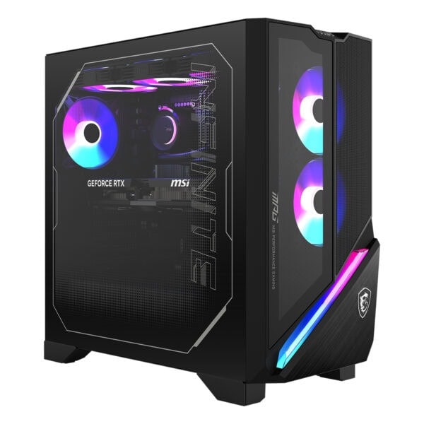 RGB aydınlatmalı oyuncu bilgisayarı, yüksek performanslı gaming kasası, MSI ve NVIDIA GeForce RTX ekran kartı içeren modern oyun bilgisayarı, şık ve dayanıklı tasarım.