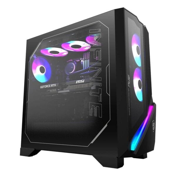 Güzel RGB aydınlatmalı oyun bilgisayarı kasası, şık tasarım ve yüksek performanslı içerik üretimi için ideal, MSI ve GeForce RTX markalarıyla donatılmış.