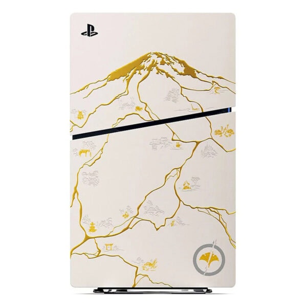 Güzel beyaz ve sarı renkli PlayStation 5 konsolu, dağ, nehir ve doğa temalı dekoratif tasarıma sahip, modern ve şık oyun konsolu, ev oyun alanları için ideal, yüksek kaliteli ve estetik ürün.