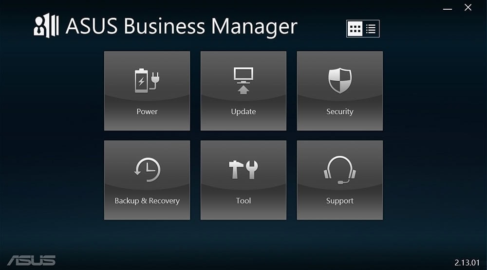 ASUS Business Manager ekran görüntüsü, Power, Update, Security, Backup & Recovery, Tool ve Support seçenekleriyle bilgisayar yönetimi ve güvenliği sağlanmaktadır.