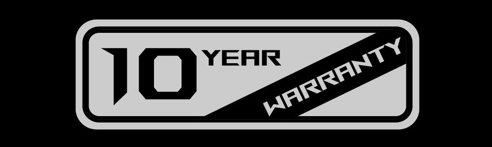 ROG STRIX 1000W Platinum 10 yıl garanti simgesi, dayanıklı ve güvenilir ürünler, uzun ömürlü ürün garantisi, kaliteli ve uzun ömürlü teknolojik ürünler, dayanıklılık ve müşteri memnuniyeti vurgusu.