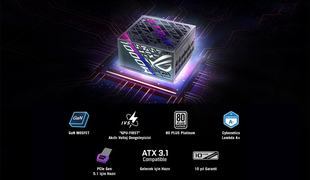 ROG STRIX 1000W Platinum Yüksek performanslı AMD işlemcili anakart özellikleri, Intel ve AMD uyumlu, PCIe Gen 5.0, DDR5 RAM desteği, 80 PLUS Platinum güç kaynağı ve en yeni teknolojilerle üstün oyun ve çalışma deneyimi sunar.