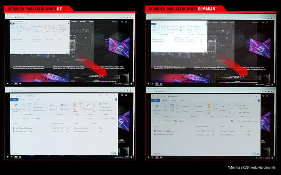 ROG Strix OLED XG27AQDPG Homojen parlaklık ayarı olmayan ekran görüntüsü, bilgisayar monitör ayarları ve inceleme, optimal görüntü kalitesi ve renk kontrolü için görsel ipucu sağlar.