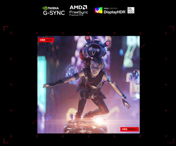 ROG Strix OLED XG27AQDPG Yüksek kaliteli grafikler ve modern oyun tasarımıyla dikkat çeken, oyuncu ve robot temalı etkileyici oyun sahnesi görseli.