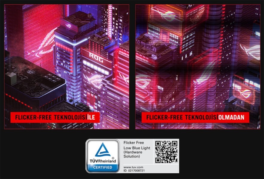 ROG Strix OLED XG27AQDPG Yüksek teknolojili flicker-free ekranlar, düşük mavi ışık ve gelişmiş görsel hassasiyet ile oyun deneyimini iyileştirir.