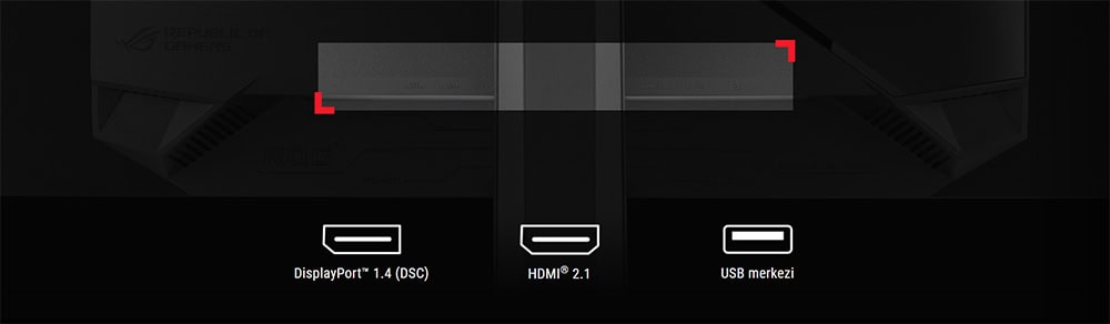 ROG Strix OLED XG27AQDPG Oyuncu monitörü bağlantı noktaları, DisplayPort, HDMI ve USB merkezleri ile yüksek performans ve sorunsuz oyun deneyimi sağlar.