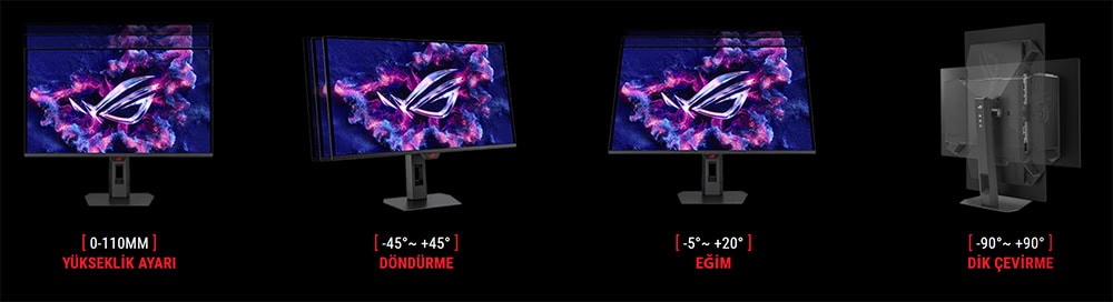 ROG Strix OLED XG27AQDPG Oyun monitörünün yüksekliği, dönüşü, eğimi ve dik dönüşü ayarlarını gösteren teknik görsel. Gaming monitörler için ergonomik ayarların nasıl yapılacağını anlatan detaylı bilgi içerir.