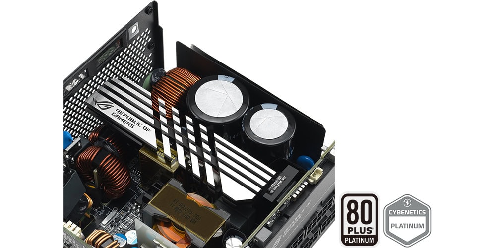 ROG LOKI SFX-L 1000W Platinum SSD anakart üzerinde yüksek kaliteli bileşenler ve soğutucu ile gösterilmiş gaming bilgisayar donanımı, performans ve verimlilik odaklı oyun bilgisayarı bileşenleri.