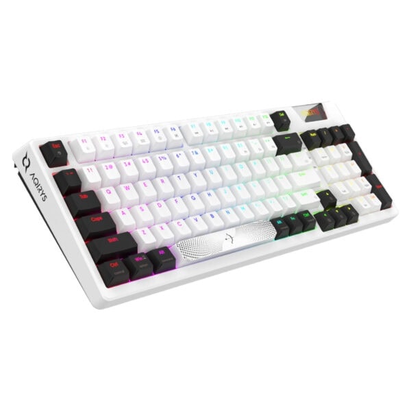 RGB aydınlatmalı oyuncu klavyesi, beyaz ve siyah tuşlar, kompakt tasarım, oyun odaklı özellikler, yüksek performanslı mekanik tuşlar ve geniş kullanışlılık.