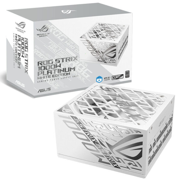 ROG Strix 1000W Platinum White Edition Kutu ve bilgisayar parçası, ASUS ROG STRIX B550-F Gaming anakart, performans ve dayanıklılık için tasarlandı, oyun ve yüksek performanslı bilgisayar kurulumları için ideal, şeffaf ve modern tasarım.