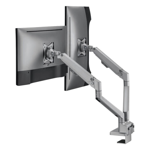 Yüksek teknolojili çift monitör ayaklı masaüstü tutucu, bilgisayar ekranlarını ergonomik ve düzenli hale getirir, oyun ve çalışma alanları için ideal.