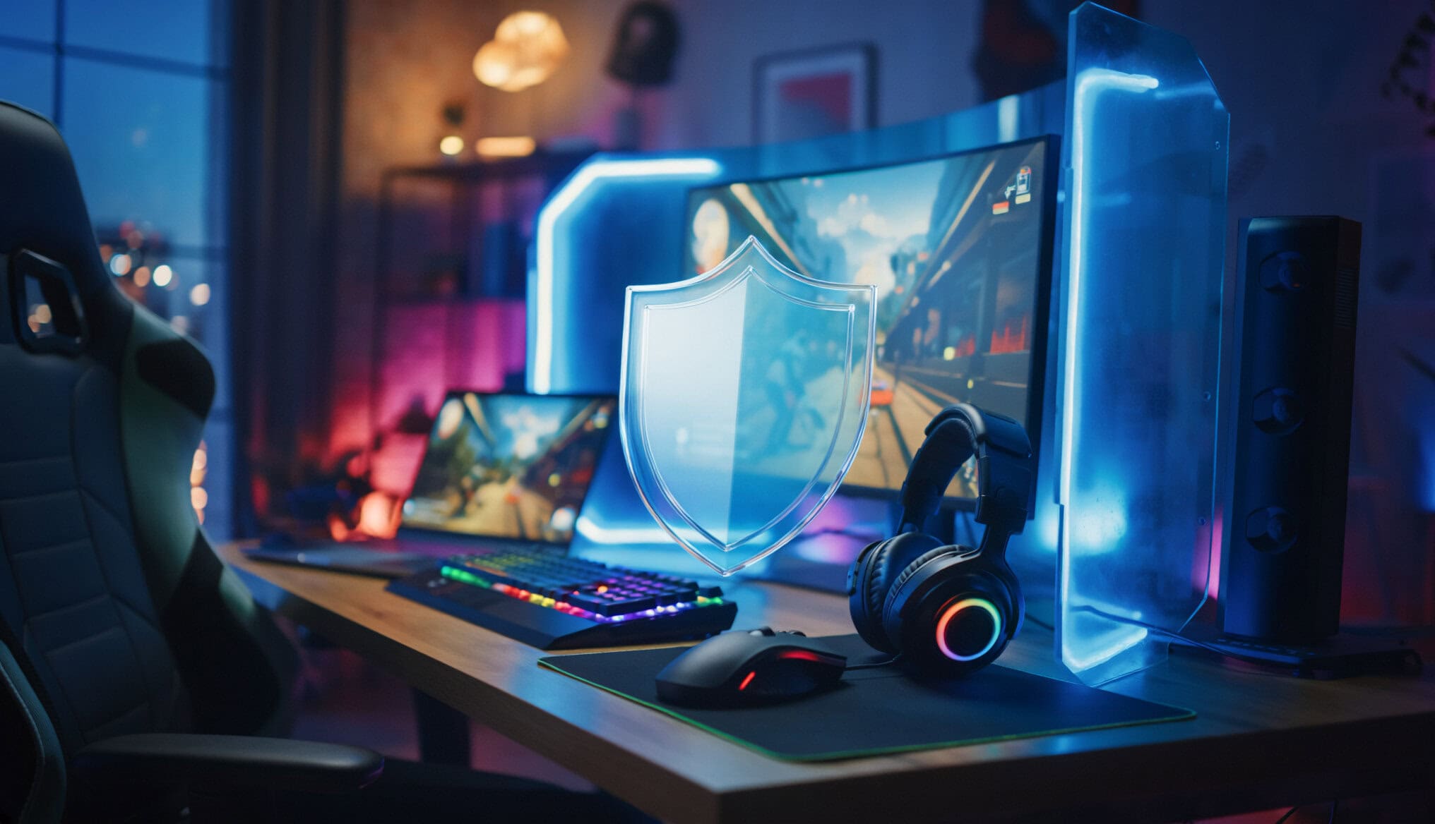 Yüksek performanslı oyun donanımları, RGB klavye, profesyonel oyuncu kulaklığı ve büyük monitörlerle donatılmış modern oyun istasyonu. Sinema kalitesinde görüntüler ve etkili ses sistemleriyle gamer deneyimini artırır.