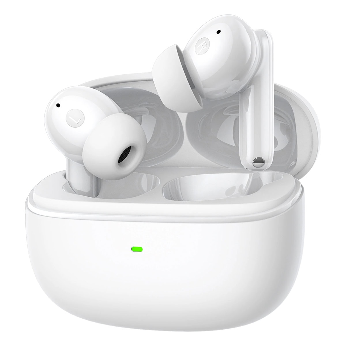 Kablosuz beyaz bluetooth kulaklıklar, şarj kutusu ve yüksek ses kalitesi ile modern tasarım, oyun ve müzik için ideal.