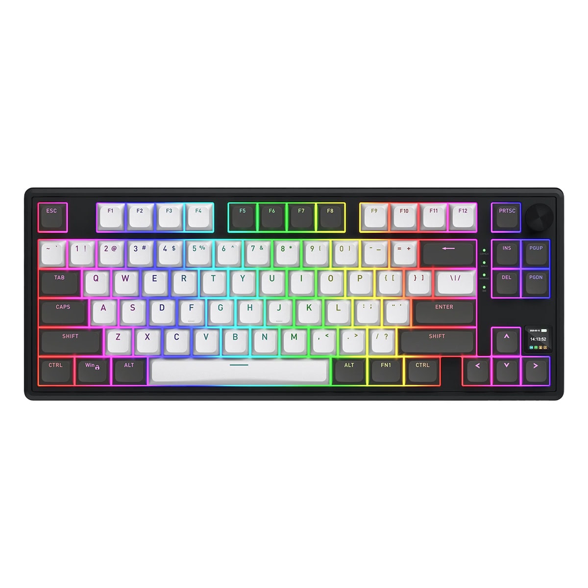 Renkli RGB aydınlatmalı oyun klavyesi, mekanik tuşlar ve renkli aydınlatma efektleriyle dikkat çekiyor, bilgisayar oyunları ve yazılım geliştirme için ideal, masaüstü bilgisayar aksesuarları, profesyonel gaming klavye.