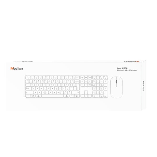Yüzeyde şık ve modern tasarımlı kablosuz klavye ve mouse seti, Meetion iKey C230 modeli, düşük gecikmeli kullanımıyla bilgisayar ve oyun severler için ideal, ergonomik ve pratik dizayn.
