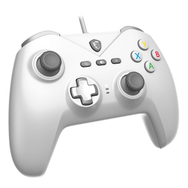 Gamerlar için beyaz oyun kontrolcüsü, çeşitli butonlar ve analog çubuklar içerir. PS5 veya PC uyumlu, yüksek performanslı ve ergonomik tasarım. En iyi oyun deneyimi için ideal.