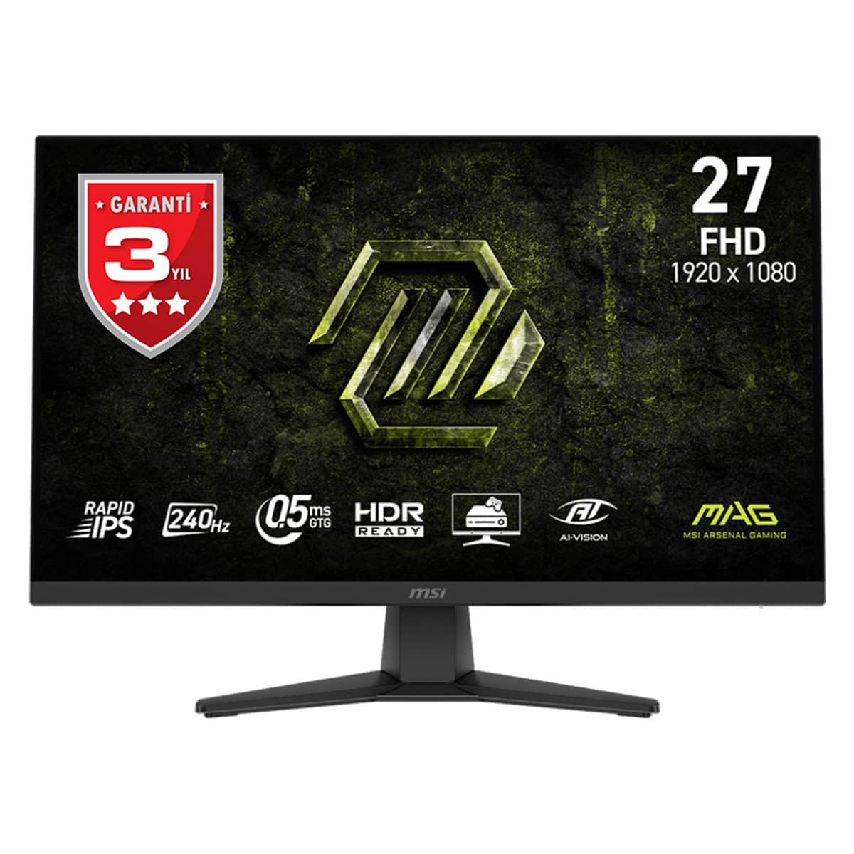 Yüksek çözünürlüklü MSI MSI MAG Ar mouse Gaming Monitör 27 inç FHD 1920x1080, hızlı 240Hz yenileme hızı, HDR ve AI-Vision özellikleriyle üstün oyun deneyimi sağlar.