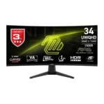 Yüksek çözünürlüklü 34 inç MSI oyun monitörü, 3440x1440 UHD ekran, 180Hz yenileme hızı, 1ms tepki süresi, HDR ready ve VA panel ile profesyonel gaming deneyimi sağlar.