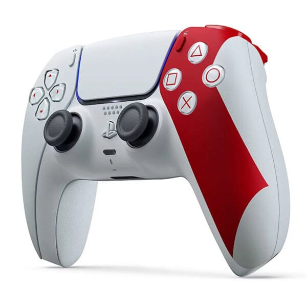 Yüksek kaliteli PlayStation 5 kontrolcü, kırmızı ve beyaz renk kombinasyonu, kablosuz oyun deneyimi için tasarlanmış modern eylem denetleyicisi.