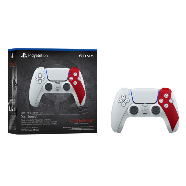 DualSense kablosuz oyun denetleyicisi, PS5 için özel tasarım, kırmızı ve beyaz renkler, God of War 20. Yıl dönümü teması, yüksek performans, ergonomik yapısı ve oyun deneyimi artırıcı özellikler içerir.
