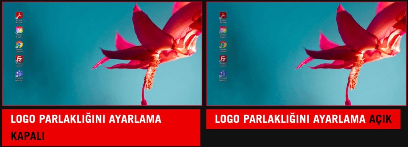 ROG Strix OLED XG34WCDG Alt Metin: Bilgisayar ekranında açık ve kapalı logo parlaklık ayarları, kırmızı vurguyla gösterilen farklı ekran ayarları.