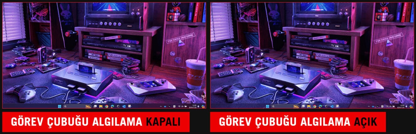 ROG Strix OLED XG34WCDG Görev çubuğu algılama açık ve kapalı ekran karşılaştırması.