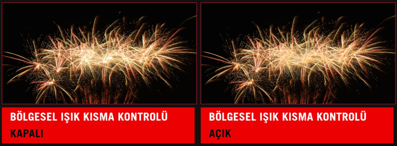 ROG Strix OLED XG34WCDG Bölgesel ışık kısım kontrolü gösteren patlamalı havai fişekler, açık ve kapalı seçenekler ile renkli kutu ve renkli efektler içeren görsel, yıldızlar ve parlak ışıklar ile etkinlik ve kutlama atmosferi yansıtıyor.