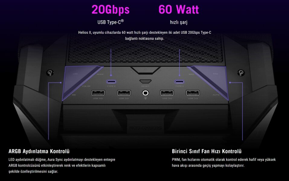 ROG Strix Helios II Yüksek hızlı USB-C ve oyun odaklı fan teknolojisi ile en iyi performansı sunar, RGB aydınlatmalı ve gelişmiş soğutma özellikleriyle oyun deneyimini artırır.