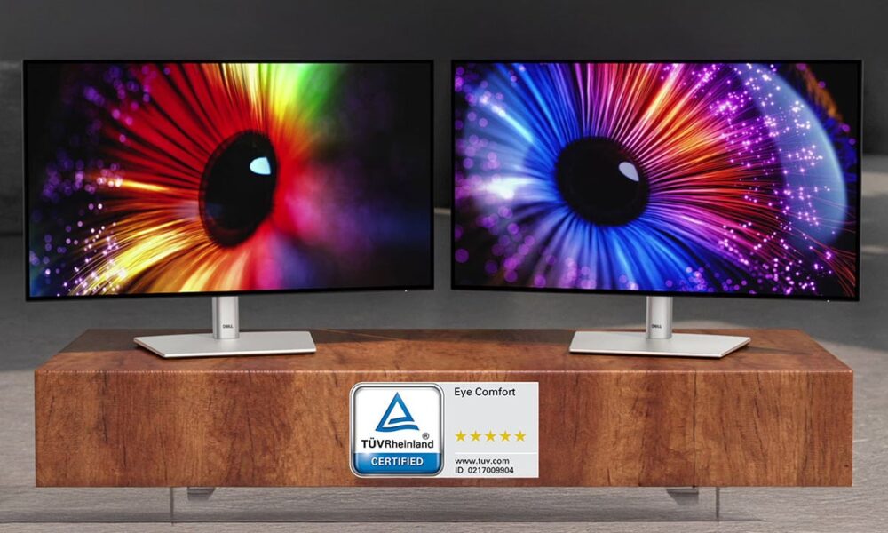 Yüksek çözünürlüklü iki adet ince dizüstü bilgisayar monitörü, renkli göz dokusu temalı ekran görüntüsü, ofis veya multimedya kullanımı için modern tasarım, TÜV Rheinland Eye Comfort sertifikası ve dört yıldızlı kalite etiketiyle.