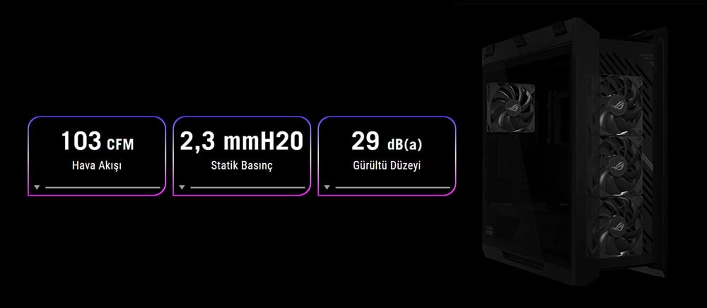 ROG Strix Helios II Hava akışı, statik basınç ve sessizlik özellikleriyle yüksek performanslı bilgisayar kasası, oyun ve yüksek işlem gücü gerektiren uygulamalar için ideal.