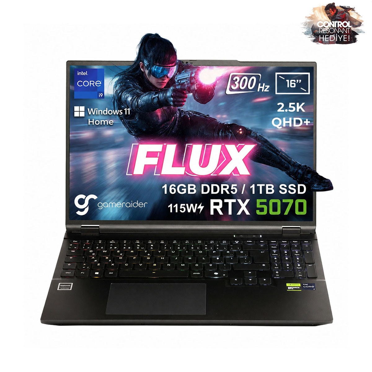 Gameraider Flux Gr16 Intel Core I9 14900hx Geforce Rtx 5070 8gb 115w 16gb Ddr5 1tb Ssd 16 Inç 2.5k Qhd+ 300hz W11 Home Gaming Laptop Çanta Hediyeli Control Resonant Hediyeli 1