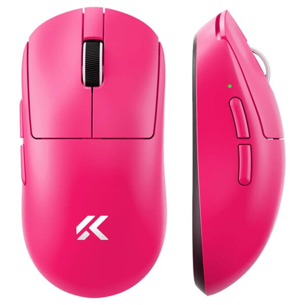 Pembe renkli kablosuz oyuncu fare, ergonomik tasarım ve yüksek hassasiyetli sensör, gaming ve bilgisayar kullanımı için ideal.