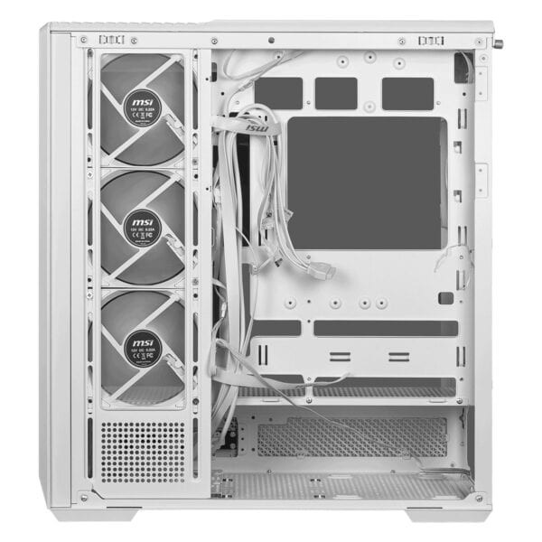 Yüksek kaliteli PC kasası iç görünümü, soğutucu fanlar ve kablo düzenlemesi ile bilgisayar montaj ve bakımı kolaylaştıran detaylar. Gaming ve yapay zeka uygulamaları için ideal bilgisayar donanımı.
