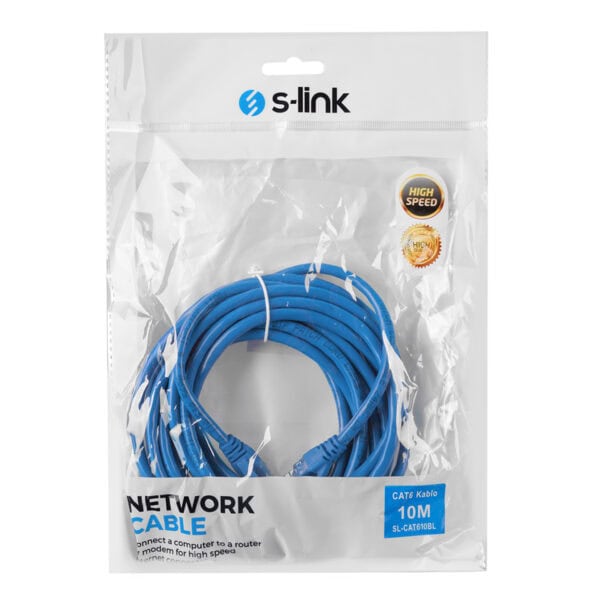 İnce, Mavi, CAT6 10M Ethernet Kablosu, yüksek hız bağlantısı için ideal, bilgisayar ve modem arasında kullanım, dayanıklı ve esnek kablo yapısı.