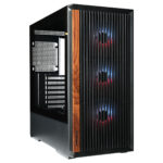 Gelişmiş oyun bilgisayarı kasası, siyah metal gövde ve ahşap detaylar, ön panelde RGB aydınlatmalı fanlar ve şeffaf yan panel ile yüksek performanslı donanım sergiliyor.