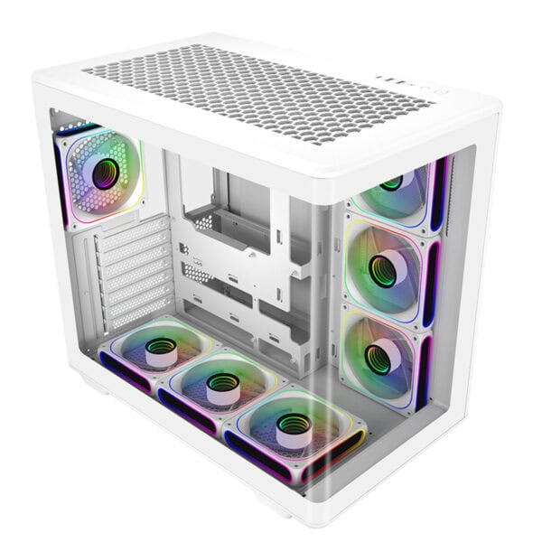Yüksek kaliteli RGB aydınlatmalı bilgisayar kasası, gamer ve PC meraklıları için modern tasarım. Üstün hava akışı ve soğutma özellikleriyle oyun ve grafik işlemleri için idealdir.