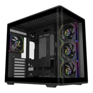 Oyuncu bilgisayarı kasası, RGB aydınlatmalı soğutucu fanlarıyla modern ve şık tasarıma sahip yüksek performanslı oyun kasası.