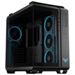 GAMING-TUF5080 oyun bilgisayarı kasası, şeffaf cam panel ve RGB aydınlatmalı fanlar ile yüksek performanslı oyun sistemi.