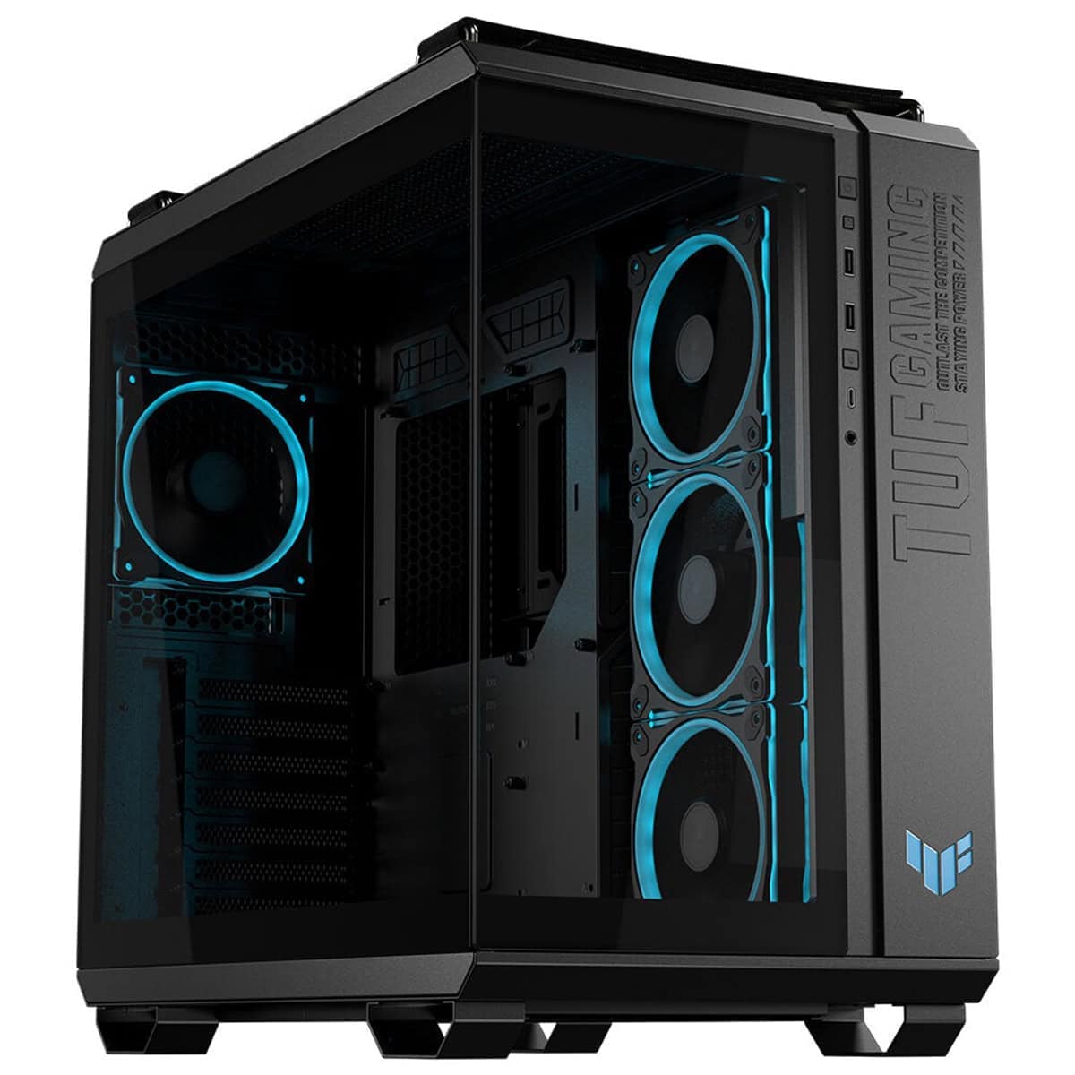 GAMING-TUF5080 oyun bilgisayarı kasası, şeffaf cam panel ve RGB aydınlatmalı fanlar ile yüksek performanslı oyun sistemi.