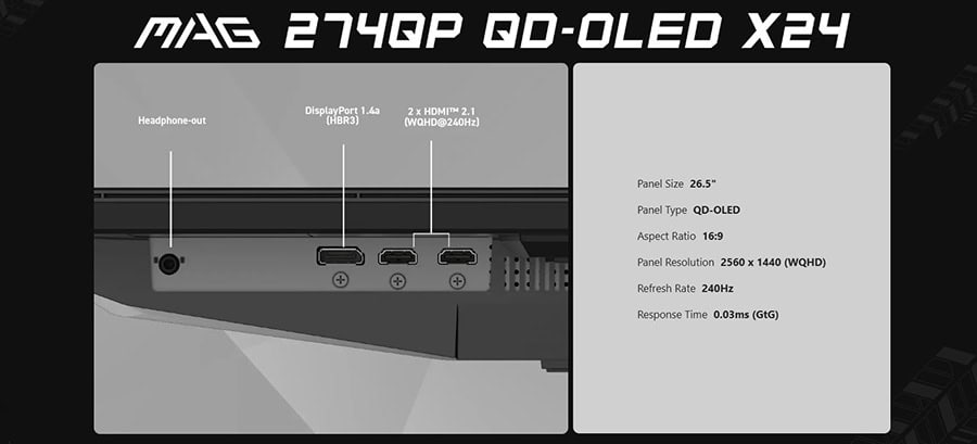Yüksek çözünürlüklü MSI MAG 274QP QD-OLED 26.5 inç oyun monitörü, 240Hz yenileme hızı ve 0.03ms tepki süresi ile üstün oyun deneyimi sağlar.