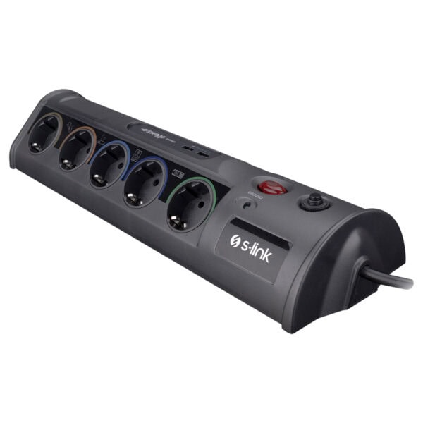 S-Link PrizHive 1.8M 1860 Joule güç korumalı çoklu priz, USB ve Type-C çıkışlarıyla elektronik cihazlar için güvenli ve kullanışlı güç dağıtımı sağlar.