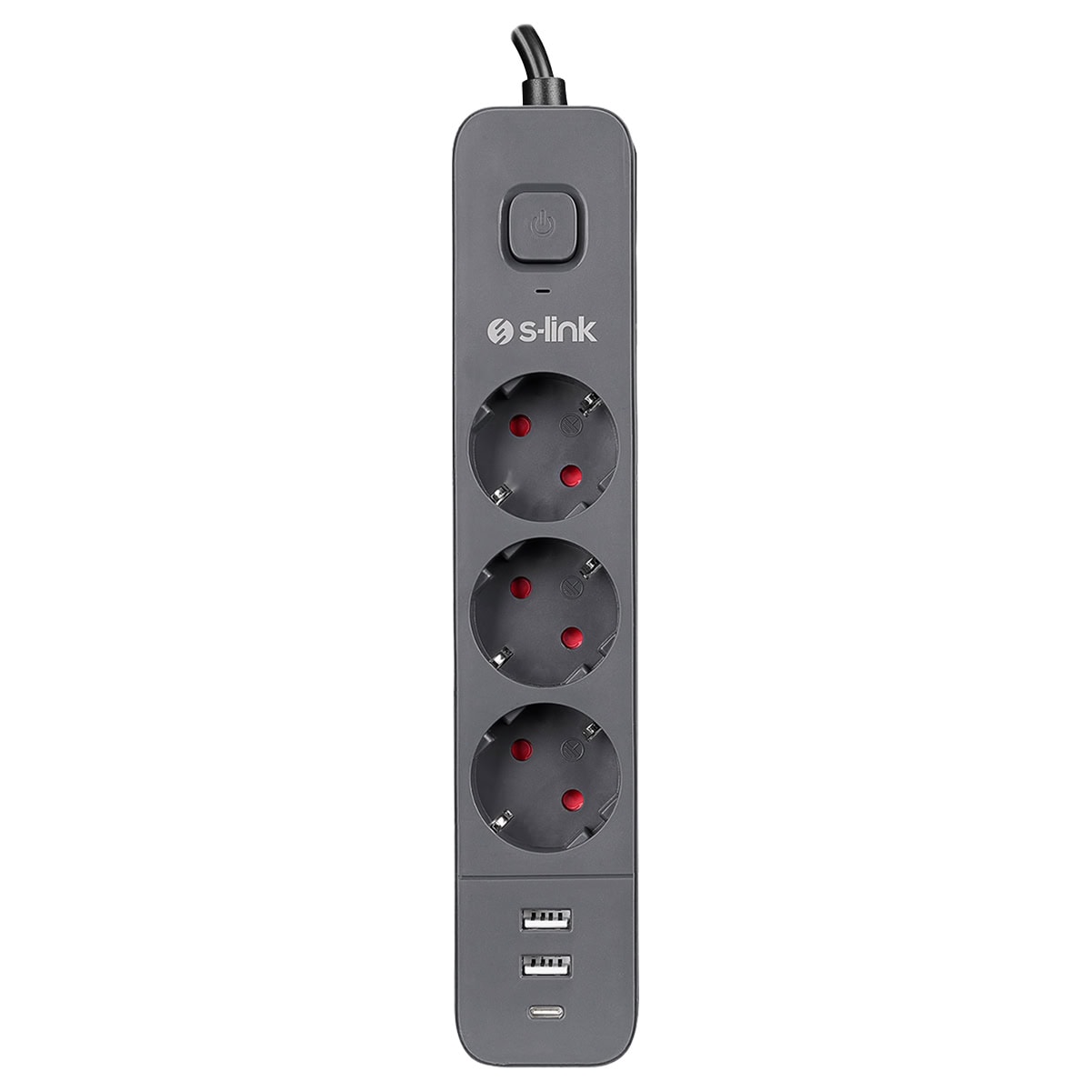 S-link SPG03U 3'lü priz ve USB şarj cihazı, 1.5m kablo, 3x1.00mm bakır iletken, 750 Joule koruma, akım korumalı, Type C ve USB portlarıyla pratik kullanım sağlar.