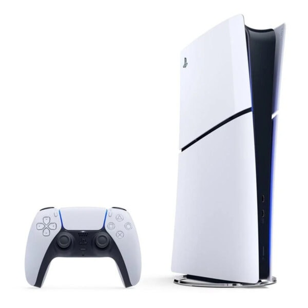 Yüksek çözünürlüklü PlayStation 5 Slim dijital oyun konsolu ve kablosuz kontrolcü, beyaz renkli bundle paketiyle en yeni oyun deneyimini sunar.