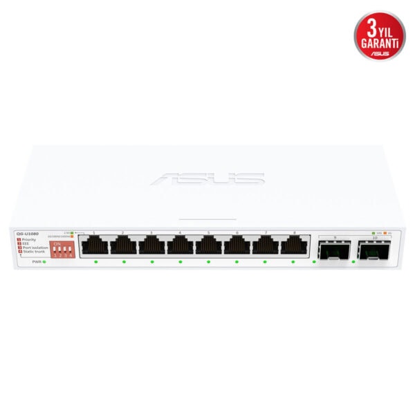 ASUS QG-U1080 8 RJ45 ve 2 SFP+ portlu yönetilemez anahtar, 10 Gbps hızında bağlantı sağlar, ofis ve ağ altyapısı için ideal, dayanıklı ve güvenilir ağ anahtarı.