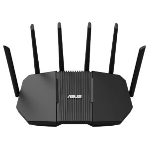 ASUS RT-BE90U üç bantlı Wi-Fi 7 yönlendirici, güçlü sinyal ve yüksek hız sağlar. Çoklu antenleri ile geniş kapsama alanı ve stabil bağlantı sunar, ev ve ofis kullanımı için ideal.
